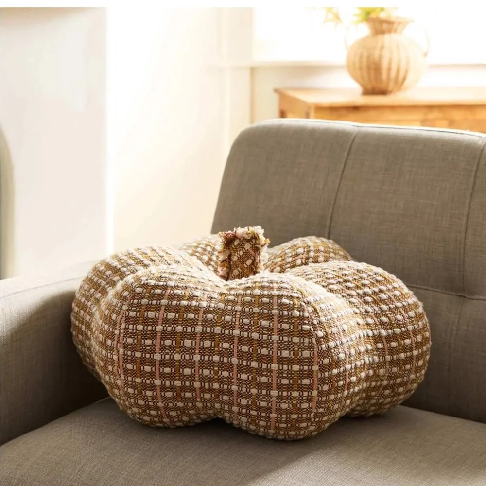 At Home Yarn Dyed Woven Pumpkin Shaped Boucle Tweed Throw Pillow NEW